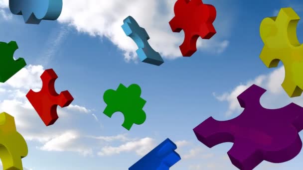 Animatie Van Kleurrijke Puzzels Vallen Lucht Met Wolken Nationaal Puzzel — Stockvideo