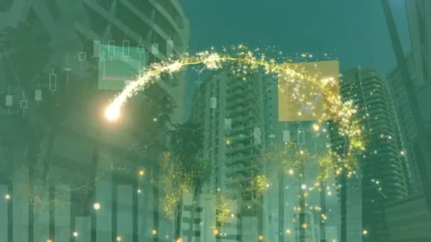 Dijital Simgeler Şehir Manzarası Üzerindeki Işığın Animasyonu Küresel Bilgisayarlar Veri — Stok video