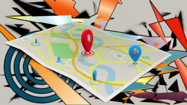 Animace Mapy Polohovými Značkami Nad Různými Geometrickými Tvary Cestování Navigace — Stock video