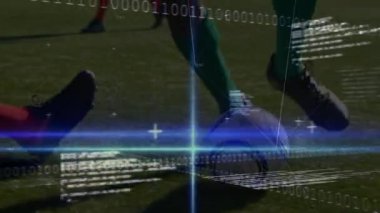 Stadyumda oynayan çeşitli erkek futbolcuların veri işleme animasyonları. global spor ve dijital ekran konsepti dijital olarak oluşturulmuş video.