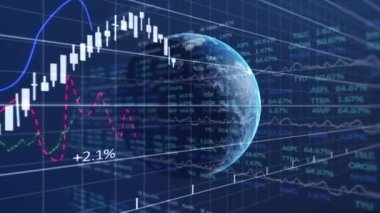 Mavi zemin üzerinde veri işleme ve ızgara animasyonu. Dijital olarak oluşturulmuş video küresel veri işleme kavramı.