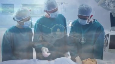 Çeşitli erkek ve kadın doktorlar arasındaki bağlantı ağının animasyonu. küresel tıp, sağlık ve veri işleme kavramı dijital olarak oluşturulmuş video.