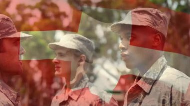 Değişik erkek askerler üzerinde İsviçre bayrağının canlandırılması. Vatanseverlik ve kutlama konsepti dijital olarak oluşturulmuş video.