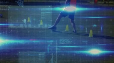 Stadyumda oynayan çeşitli erkek futbolcuların veri işleme animasyonları. global spor ve dijital ekran konsepti dijital olarak oluşturulmuş video.