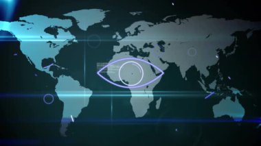 Kara zemin üzerinde dünya haritasıyla veri işleme animasyonu. Sosyal medya ve iletişim arayüzü kavramı dijital olarak oluşturulmuş video.