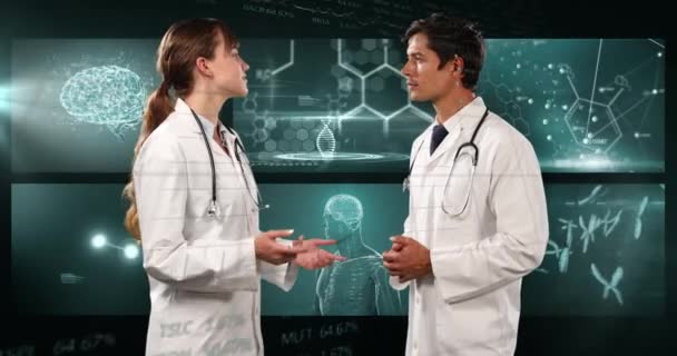 Animation Biracial Male Female Doctors Data Processing Global Medicine Healthcare — Stock Video