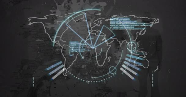 Animação Varredura Escopo Sobre Mapa Mundo Conceito Interface Comunicação Mídia — Vídeo de Stock