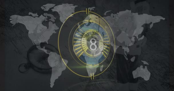 Animação Contagem Regressiva Sobre Mapa Mundo Conceito Interface Comunicação Mídia — Vídeo de Stock