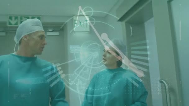 对不同的男医生和女医生进行数据处理和范围扫描的动画 全球医学 医疗保健和数据处理概念数码视频 — 图库视频影像