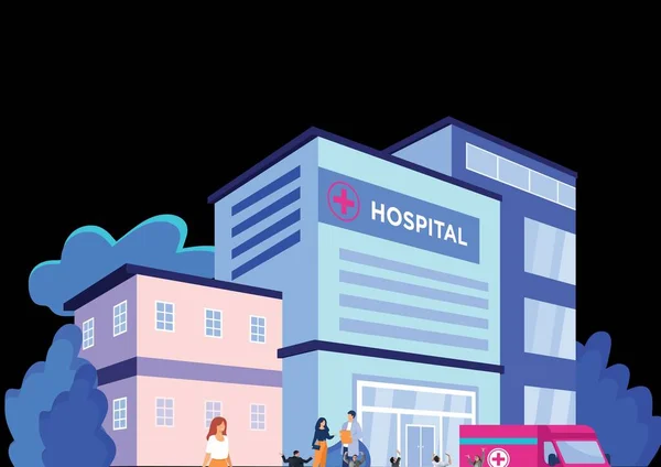 Siyah Arka Planda Insanların Ambulansların Hastane Binalarının Dijital Olarak Oluşturduğu — Stok fotoğraf