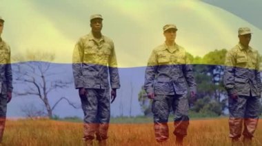 Çeşitli erkek askerler üzerinde Kolombiya bayrağının canlandırılması. Vatanseverlik ve kutlama konsepti dijital olarak oluşturulmuş video.