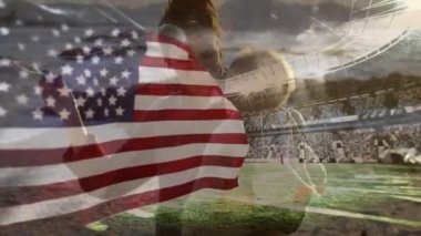 Amerikan bayrağı ve stadyumunun animasyonu. Kafkasyalı bir annenin çocuğuyla baloncuk çıkarması üzerine. Vatanseverlik ve kutlama konsepti dijital olarak oluşturulmuş video.