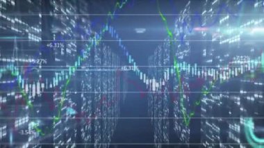 Mavi zemin üzerinde veri işleme animasyonu. Dijital olarak oluşturulmuş video küresel veri işleme kavramı.