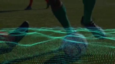 Stadyumda oynayan çeşitli erkek futbolcuların üzerindeki noktaların animasyonu. global spor ve dijital ekran konsepti dijital olarak oluşturulmuş video.