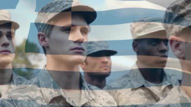 Çeşitli erkek askerler üzerinde Yunan bayrağının animasyonu. Vatanseverlik ve kutlama konsepti dijital olarak oluşturulmuş video.