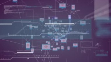 Siyah arkaplandaki bağlantı ağı üzerinden ışık izlerinin animasyonu. Dijital olarak oluşturulmuş video bağlantıları ve veri işleme kavramı.