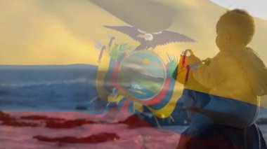 Ekvador bayrağının sahilde çocuklu beyaz bir anne üzerinde canlandırılması. Vatanseverlik ve kutlama konsepti dijital olarak oluşturulmuş video.