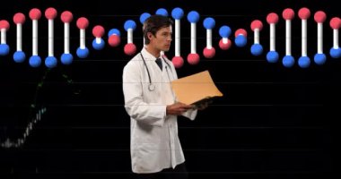 Veri işleme ve DNA ipliği üzerine melez kadın doktor animasyonu. küresel tıp, sağlık ve veri işleme kavramı dijital olarak oluşturulmuş video.