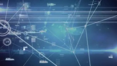 Mavi arkaplanda veri işleme animasyonu. Sosyal medya ve iletişim arayüzü kavramı dijital olarak oluşturulmuş video.