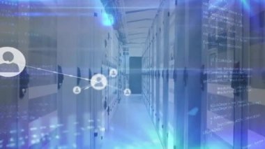 Sunucu odasındaki bağlantı ve veri işleme ağının animasyonu. küresel bağlantılar ve veri işleme konsepti dijital olarak oluşturulmuş video.