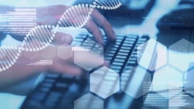 Klavyede yazı yazan ellerin üzerinde DNA ipliği ve veri işleme animasyonu. küresel tıp, sağlık ve veri işleme kavramı dijital olarak oluşturulmuş video.