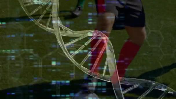 Animace Zpracování Dat Dna Strand Přes Různé Mužské Fotbalisty Hrající — Stock video