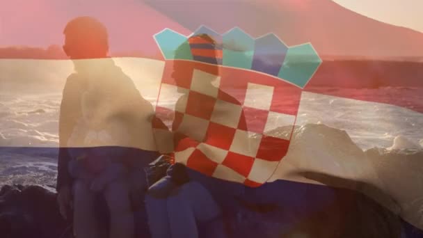 Animatie Van Kroatische Vlag Boven Blanke Ouders Met Kind Het — Stockvideo