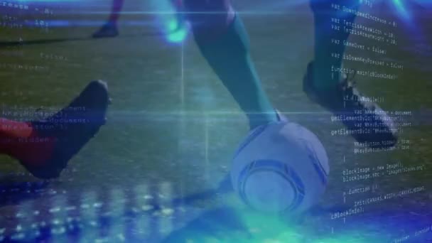 Анимация Обработки Данных Над Различными Футболистами Мужчинами Играющими Стадионе Глобальный — стоковое видео