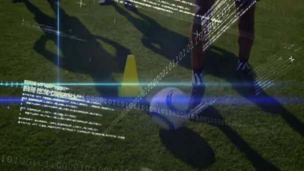 Stadyumda Oynayan Çeşitli Erkek Futbolcuların Veri Işleme Sayılarının Animasyonu Global — Stok video