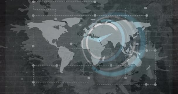 Animace Skenování Dalekohledu Nad Mapou Světa Sociální Média Koncepce Komunikačního — Stock video
