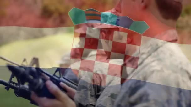 Animatie Van Kroatische Vlag Diverse Mannelijke Soldaten Met Wapens Patriottisme — Stockvideo