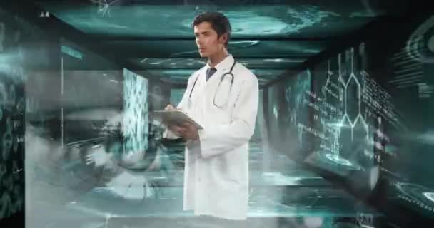 データ処理上の出生男性医師のアニメーション 世界中の医療 データ処理の概念デジタルで生成されたビデオ — ストック動画