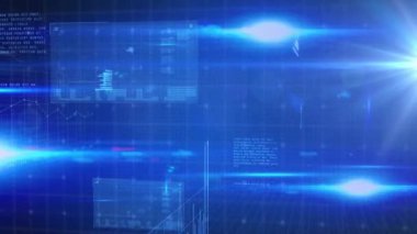 Mavi arkaplanda dijital veri işleme animasyonu. küresel internet bağlantıları, veri işleme ve dijital arayüz konsepti dijital olarak oluşturulmuş video.