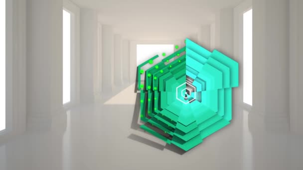 Animación Hexágono Verde Brillante Sobre Interiores Blancos Modernos Abstracto Movimiento — Vídeo de stock