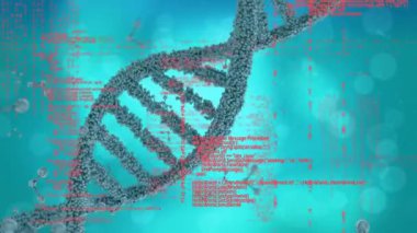 DNA iplikçiklerinin dönmesi ve tıbbi veri işleme animasyonu. küresel tıp, bilim ve veri işleme kavramı dijital olarak oluşturulmuş video.