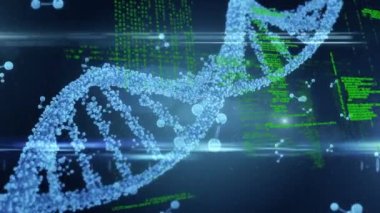 DNA iplikçiklerinin dönmesi ve tıbbi veri işleme animasyonu. küresel tıp, bilim ve veri işleme kavramı dijital olarak oluşturulmuş video.