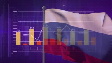 Rusya bayrağı üzerinde veri işleme animasyonu. küresel iş, finans, bağlantılar ve dijital arayüz konsepti dijital olarak oluşturulmuş video.