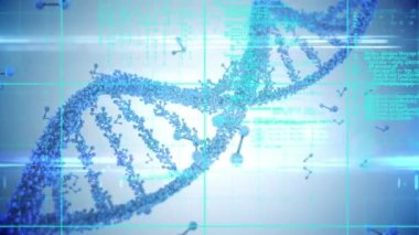 DNA iplikçiklerinin dönmesi ve tıbbi veri işleme animasyonu. küresel tıp, bilim ve veri işleme kavramı dijital olarak oluşturulmuş video.