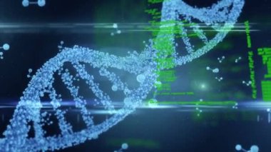 DNA iplikçiklerinin dönmesi ve tıbbi veri işleme animasyonu. küresel tıp, bilim ve veri işleme kavramı dijital olarak oluşturulmuş video.