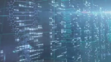 DNA iplikçiklerinin dönmesi ve veri işleme animasyonu. küresel tıp, bilim ve veri işleme kavramı dijital olarak oluşturulmuş video.