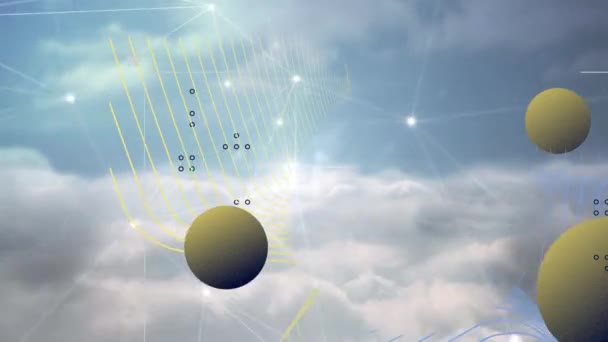 Animatie Van Vormen Netwerk Van Verbindingen Boven Hemel Met Wolken — Stockvideo