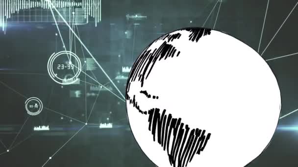 Анимация Земного Шара Над Сетью Соединений Обработки Данных Черном Фоне — стоковое видео