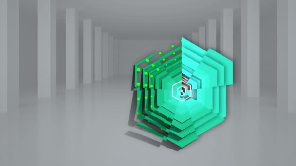 绿色发光六边形在白色现代内饰上的动画 运动和室内设计概念数字生成视频 — 图库视频影像