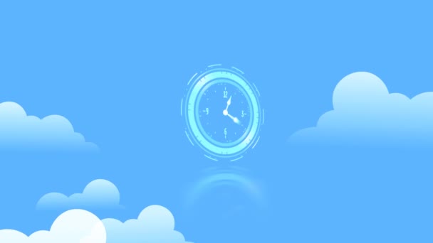 Animación Del Reloj Moviéndose Sobre Nubes Fondo Azul Interfaz Digital — Vídeo de stock