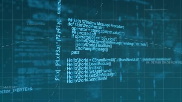 Анімація Цифрової Обробки Даних Над Сіткою Синьому Фоні Глобальні Обчислення — стокове відео