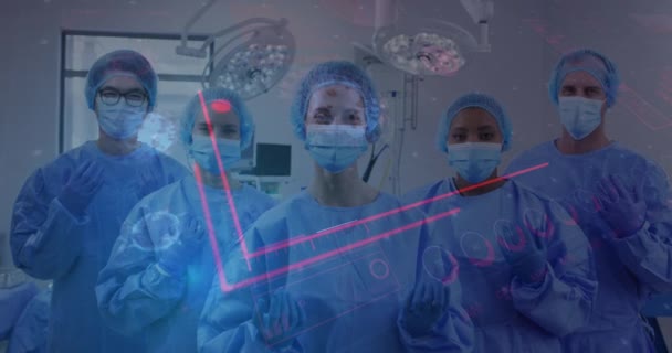 为不同类别的戴口罩的医生提供医疗数据处理动画 全球医学和数字接口概念数字生成视频 — 图库视频影像