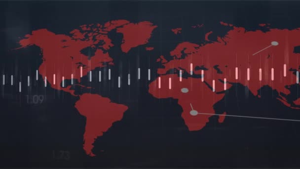 Animering Databehandling Över Världskartan Global Verksamhet Ekonomi Anslutningar Och Digitalt — Stockvideo