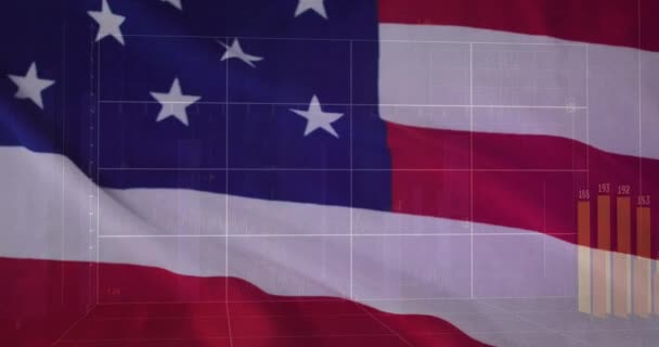 Κινούμενα Σχέδια Επεξεργασίας Δεδομένων Πάνω Από Σημαία Της Αμερικής Παγκόσμια — Αρχείο Βίντεο