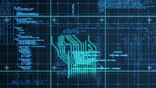 Animación Placa Circuito Procesamiento Datos Digitales Sobre Rejilla Sobre Fondo — Vídeos de Stock