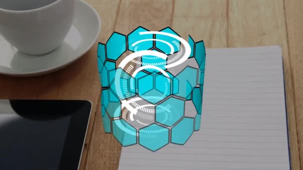 Animasi Pemindaian Ruang Lingkup Atas Tablet Dan Notebook Atas Meja — Stok Video